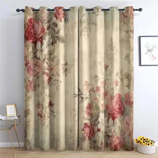 Vintage Blumen Vorhänge Vintage Rose Shabby Chic Floral Vorhang Blickdicht mit Ösen, Verdunkelungsvorhang Gardinen für Schlafzimmer Wohnzimmer Fenster Deko, Blackout Curtain 2er Set H 245 x B 140 cm