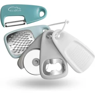Küchenhelfer Set 5-teilig Edelstahl, Käsereibe, Flaschenöffner, Schäler, Pizzaschneider, Knoblauchmühle, Spülmaschinenfest, Blau/Schwarz/Weiß