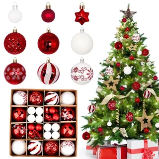 Weihnachtskugeln Rot Weiß, 44 Stück Christbaumkugeln, Christbaumkugeln Kunststoff Set, Weihnachtskugeln Rot Christmas Decorations, Weihnachtsbaumkugeln für Weihnachtsdekorationen Ornamente