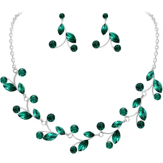 Clearine Damen Schmuckset Strass Kristall Marquise-Schnitt Blatt Anhänger Halskette und Ohrringe Schmuck Set für Hochzeit Braut Party Smaragd-Grün Silber-Tone