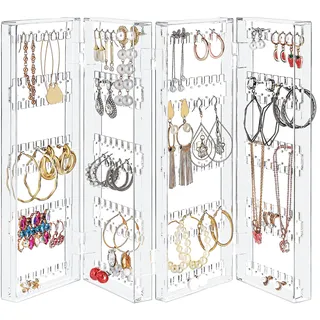 Kurtzy Faltbarer Acryl Schmuck Organizer - 5 Etagen & 4 Paneele für Ohrringe, Armbänder & Ketten Aufbewahrung - Für 128 Paar Ohrringe - Klarer Transparenter Jewelry Organizer