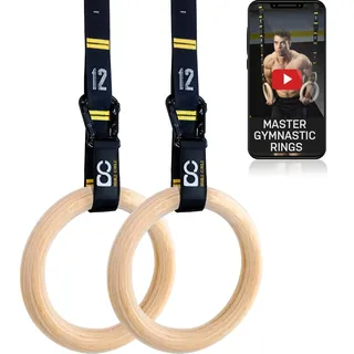Double Circle Holz Turnringe mit verstellbaren Straps und Übungs Video Anleitung - Gym Turnringe Holz - Full Body Workout, Calisthenics, Gym (Verschiedene Größen) (Ringe 2,28 cm)