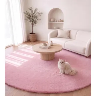 VOFUSHON Kunstfell Teppich Kurzflor Wohnzimmer Rund 90 cm Rosa Waschbar | Kaninchenfell-Optik | Maschinenwaschbar & rutschfest | OEKO-TEX zertifiziert | Ideal für Sofa, Schlafzimmer & Kinderzimmer