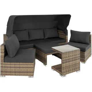 tectake Rattanlounge aus Aluminium San Marino, mit klappbarem Sonnenschutz, natur , Naturfarben , Kunststoff , Organisch , 68x131x199 cm , Gartenmöbel, Loungemöbel, Gartensofas & Loungesofas