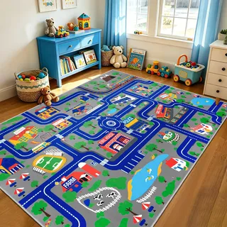 Capslpad Kinder Teppich Spielteppich für Kinder Stadt 200x300cm rutschfest Kinderteppich Spielmatte Maschinenwaschbar Kurzflor Pädagogischer Spielteppich für Kinderzimmer Spielzimmer Dekor, Blau