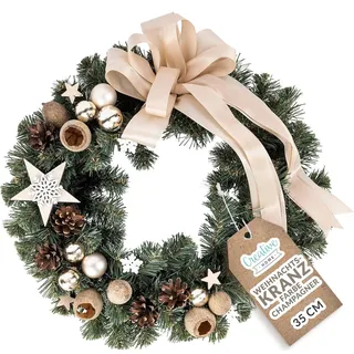 Creative Home Türkranz Champagner 35 cm Tannenkranz Künstlich Weihnachten Adventskranz Indoor & Outdoor Weihnachtskranz Türschmuck Weihnachtsdeko - Beige