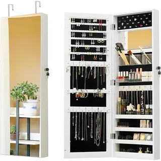 Avilia Schmuckschrank mit Spiegel 110 x 37 x 10 cm aus sehr robustem MDF - platzsparender Organizer für Schmuck und Accessoires mit sicherem Schlüsselverschluss, Wandmontage oder Tür
