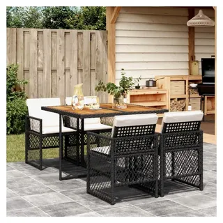 5-teiliges Garten-Essgruppen-Set mit Kissen, Balkonmöbel, Sitzgruppe mit Stühlen und Tisch, Gartentisch und Gartenstuhl, Terrassenmöbel, Gartengarnitur in Schwarz aus Poly Rattan