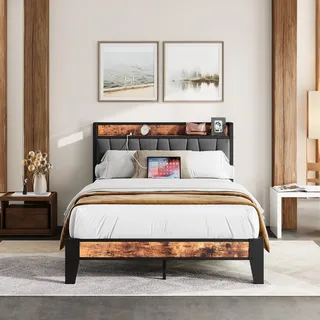 IRONCK Bett 120x200 mit Metal Lattenrost, Bettgestell 120x200cm mit Steckdosen, USB-Anschlüsse & Typ-C-Anschlüsse, Metallbett 120x200 mit Gepolstertem Kopfteil & Stauraum, Jugendbett