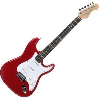 Rocktile Sphere Classic Red E-Gitarre (weißes Schlagbrett, 3x Single Coil Tonabnehmer, 21 Bünde, Engineering Wood Griffbrett, Tremolo-Bridge, 2,5m Gitarrenkabel, Tremolohebel und Inbusschlüssel)