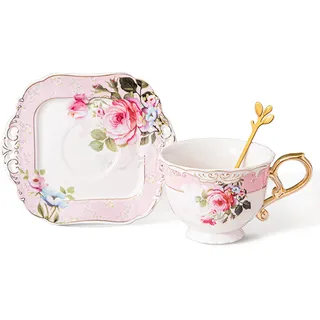 fanquare Blume Teetasse und Untertasse Set, Rosa Tee Kaffeetasse mit Goldgriff, 200ml Geschenk Porzellan Kaffeetasse