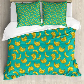 ABAKUHAUS Gelb und Blau Bettbezug Set, Tropisches Bananen-Muster in den klaren Töne exotischen Art-Palmen-Sommer-Grafik, 155 x 220 cm + 80 x 80 cm, Teal Yellow