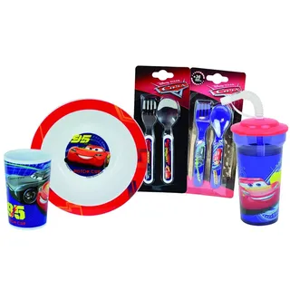 Disney Cars Geschirrset für Kinder mit 1 Glas 220 ml, 1 Suppenteller Ø 16 cm, 1 Glas mit Strohhalm 400 ml und 2 Sets mit 2 Deckeln Höhe 13,5 cm – wiederverwendbar