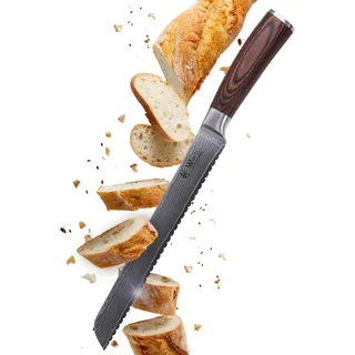 Wakoli EDIB Brotmesser Wellenschliff aus echtem Damaststahl (VG10 Kern) mit 23cm Klinge – Scharf & ergonomisch – Damastmesser mit Pakkaholzgriff in Geschenkbox – Brotschneidemesser für große Brotlaibe