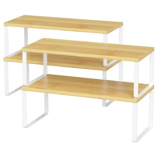 Set aus 4 Küchenregal-Organizern - Erweiterbare und Stapelbare Aufbewahrungsregale - Metall und Holz - Naturbelassen
