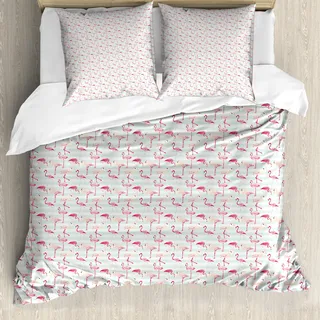 ABAKUHAUS Flamingo Bettbezugs Set Für Doppelbetten, Gestreifter Pastell-Dschungel, Milbensicher Allergiker geeignet mit Kissenbezügen, Mintgrün Pfirsich Korallenrot