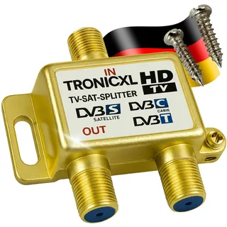 TronicXL Highend 2-Fach SAT Splitter DVBT2 DVBC Antennenverteiler Verteiler Weiche F-Buchse zb für Kabelfernsehen Unitymedia Sky Vodafone Unicable hd tauglich 4K 3D digital Satellitenverteiler 2fach