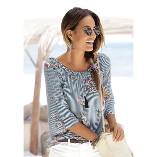 Carmenbluse LASCANA, Damen, Gr. 34, blau (marine, weiß, gestreift), Web, Obermaterial: 100% Viskose, bedruckt, figurumspielend hüftlang, Carmenausschnitt, Volant, Blusen Carmenbluse, mit modischem Druck, Damenbluse, schulterfrei, casual, Topseller