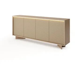 Breite Wohnzimmer-Kommode DEMI 204 cm viertürig - Bolivar Natur Eiche und geriffeltes Cappuccino mit LED-Beleuchtung - Bronze