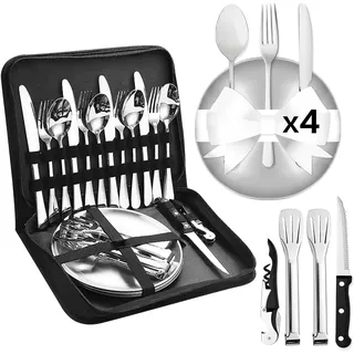 Cynrikah Camping Geschirr 4 Personen, 21PCS Camping Besteckset Outdoor Geschirr Edelstahl Picknick Set mit Edelstahl Messer Gabel Löffel Teller Flaschenöffner Steakmesser für Camping/Grillen/Wandern