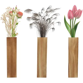 HENGBIRD 3 Stück Wandvase Holz, Moderne Vasen für Pflanzen Innen, Home Decor 2,5*5,6*29,5 cm Innenmaße, Pflanzgefäße für Getrocknete Blumen & Faux Grünpflanzen (Braun)