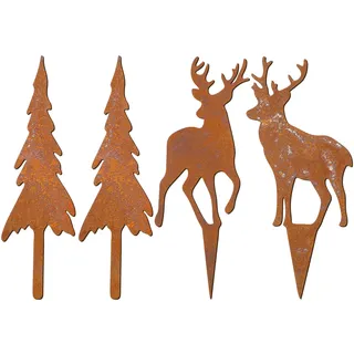 HUYUE Gartenstecker Rost Hirsch Weihnachten Deko Rentier Tannenbaum für Weihnachtsdeko (4er)