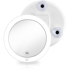 EMKE Kosmetikspiegel mit Beleuchtung mit 5 Fach Vergrößerungsspiegel, LED Badspiegel Vergrößerungsspiegel mit Saugnapf, Lupe für Badezimmer Wandspiegel(Weiß)