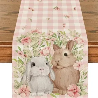 Tischläufer - Ostertischläufer - Osterdekoration 40x140 cm - Osterdekoration - Kaninchen - Blumen und Blätter - Frühlings-Tischläufer - Saisonale Oster-Tischdekoration - Tischläufer für Esstisch - Wohnaccessoires - Feiertage - Küchenaccessoires - Rosa