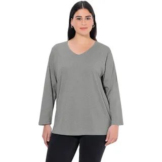 Ulla Popken Damen große Größen Übergrößen Plus Size Shirt, V-Ausschnitt, Relaxed, Langarm hellgrau mélange 62+ 725334134-62+