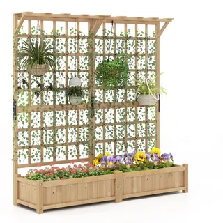 FANTASK Blumenkasten mit Spalier & Dach, Hochbeet mit Rankgitter & Drainagelöchern & Seil,Pflanzkasten Tannenholz 180x48x183cm