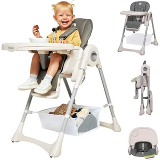 lionelo Zanna Hochstuhl für Kinder, Baby, Kinderstuhl, Babystuhl, Fütterungsstuhl, klappbar mit Rädern, Großes Tablett, Einstellung des Tabletts und der Fußstütze von 6 bis 36 Monaten, zu 15kg (Grau)