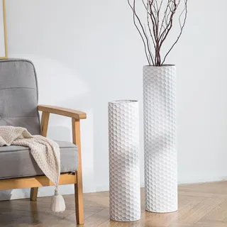 Sziqiqi Bodenvase Groß Weiß Vintage: 70/55 cm Hoch Vase Große Set of 2 - Metall Zylinder Bodenvasen Standvase für Boden für Wohnzimmer Esszimmer Schlafzimmer Corner Flur Büro