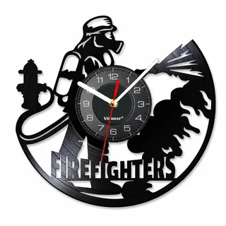 Viiluuxr Ausgefallene Feuerwehr-Wanduhr 30 cm, leise Vinyl-Uhr, schwarz | Schwarze Wanduhr im Schallplatten-Look mit Feuerwehr- und Hydrantenmotiv, 30 cm, für Feuerwache, Büro und Hobbyraum, leise