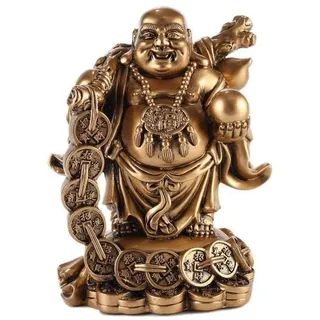 Lachineuse – Statuette des lachenden Buddha – buddhistische Traditionen – chinesische Münzen – Feng Shui, Glück und Vermögen – aus goldenem Harz, 16,5 cm – Dekoration und Geschenkidee, China, Asien