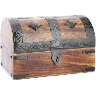 Ajuny Handgeschnitzte Schatztruhe aus Holz 9×6 Zoll – Vintage Schmuckbox mit Muschelstreifen, Aufbewahrungsbox mit Schloss, Dekorative Holztruhe, Geschenkidee für Kinder & Erwachsene