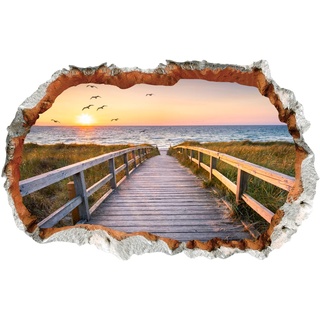 WandSticker4U®- 3D Wandtattoo MEERBLICK I Wandbild: 90x60 cm I Wandsticker Strand Meer Nordsee Steg Sonnenuntergang Poster I Wand Deko für Wohn- & Schlaf-zimmer Küche Flur Bad Aufkleber