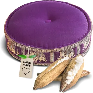 livasia Meditationskissen mit Thaiseide - Ø 45x15cm - Yogakissen mit Kapok, Pouf, Bodenkissen für Yoga und Zen Meditation, Sitzkissen für Garten und Balkon, Zafukissen (Lila/Elefanten Seide)