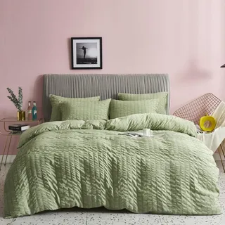 Freyamy Seersucker Bettwäsche 220x240cm 3teilig Grün Geprägt Streifen Strukturiert Bettwaren-Sets Uni Gebürstet Microfaser Weiche Bettbezug mit Reißverschluss und 2 Kissenbezug 80x80cm