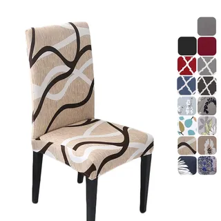 HZDHCLH Stuhlhussen 6er Set Stuhlbezüge Stretch abnehmbar, waschbar, Esszimmerstuhl-Schutzsitz für Hotel Restaurant Küche Hochzeitsfeier(Off-White/Linienmuster/6 Stück