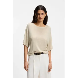 T-Shirt BOSS ORANGE "Emma Premium Damenmode", Damen, Gr. M, beige (open beige 287), Web, Obermaterial: 100% Leinen, unifarben, hüftbedeckend, Rundhals, abgesteppte Kante, Shirts T-Shirt, aus reinem Leinen, Rundhals