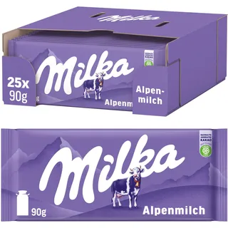 Milka Alpenmilch-Schokolade – klassische Tafelschokolade aus zarter Alpenmilch im Vorratspack – 25 x 90g