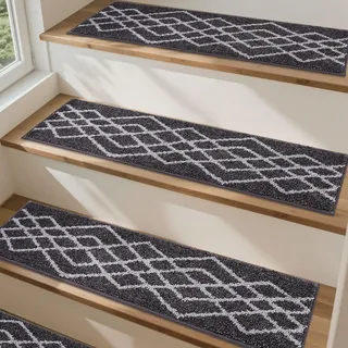 COSY HOMEER 15 Stück Treppenstufen Matten, 70 x 22cm Anti Rutsch Stufenmatten Selbstklebend, Maschinenwaschbar, 100% Polyester, TPE-Rücken, Ideal für Kinder, Senioren und Haustiere, Schwarz Rauten