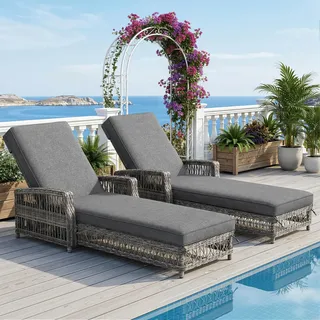 Ball & Cast Gartenliege 2 Personen aus Rattan, Liege mit 4-Fach Verstellbarer Rückenlehne und Bequemer Auflage, 2er Set, 192 x 70 x 83 cm, Grau