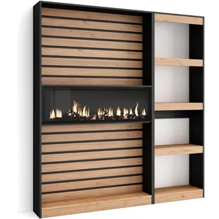 Skraut Home | Bücherregal Bibliothek | Bookshelf, Bookcase | 170x186x25cm | Wohnzimmer, Esszimmer, Büro | Elektrokamin. Maße | Moderner Stil | Eiche Schwarz