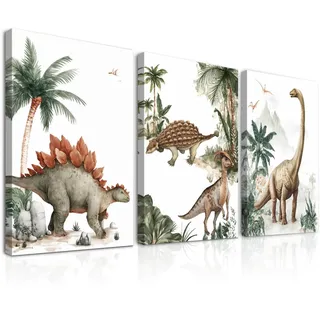 Dazzlewall Klassik Dschungel Dinosaurier Poster 3Stk 30x40cm gerahmt | Klassisches feines Aquarell Dschungel Dinosaurier Wandkunst für Schlafzimmer Kinderzimmer, HD-Druck 30x40cm gerahmt