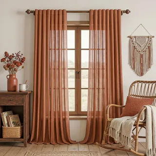 Terracotta Vorhänge Herbst Boho Ösen Leinen-Gardinen Vintage Web-Löchern Makramee Häkelgardine für Küche Wohnzimmer Modern Schlafzimmer Halbtransparent Landhaus Musselin Orange Curtain 140x225cm 2PC