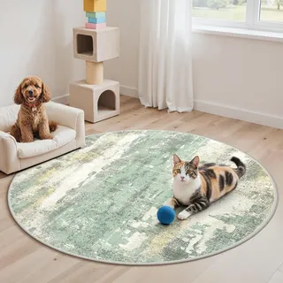 BEIMO Moderner Runder Teppich, Wohnzimmer Waschbar, R120 cm, Grün | Abstrakt Design, Kurzflor Klein Carpet, Rutschfest, Für Eingang, Flur und Bettvorleger Schlafzimmer, Pflegeleicht