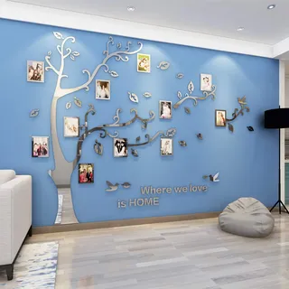Wandtattoo Baum 3D DIY Wandaufkleber Family Stammbaum Fotowand Baum Wandtattoo Wall Sticker mit Bilderrahmen Foto Wandsticker Wanddeko Deko Wohnzimmer Schlafzimmer (Silber Rechts,XXL)