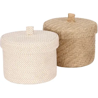 Sea Team 2er-Pack Jute- und Baumwollleinen-Aufbewahrungskörbe Süße runde Box für Toilettenartikel, Spielzeug, Sonstiges 2 Liter Schreibtisch-Gadget-Organizer mit Deckel (klein C)