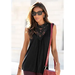 Spitzentop LASCANA, Damen, Gr. 32/34, schwarz, Jersey, Obermaterial: 100% Viskose, unifarben, figurumspielend hüftlang, Tops Spitzentop, mit modischem Stehkragen, elegantes Jerseytop mit Spitze, Topseller